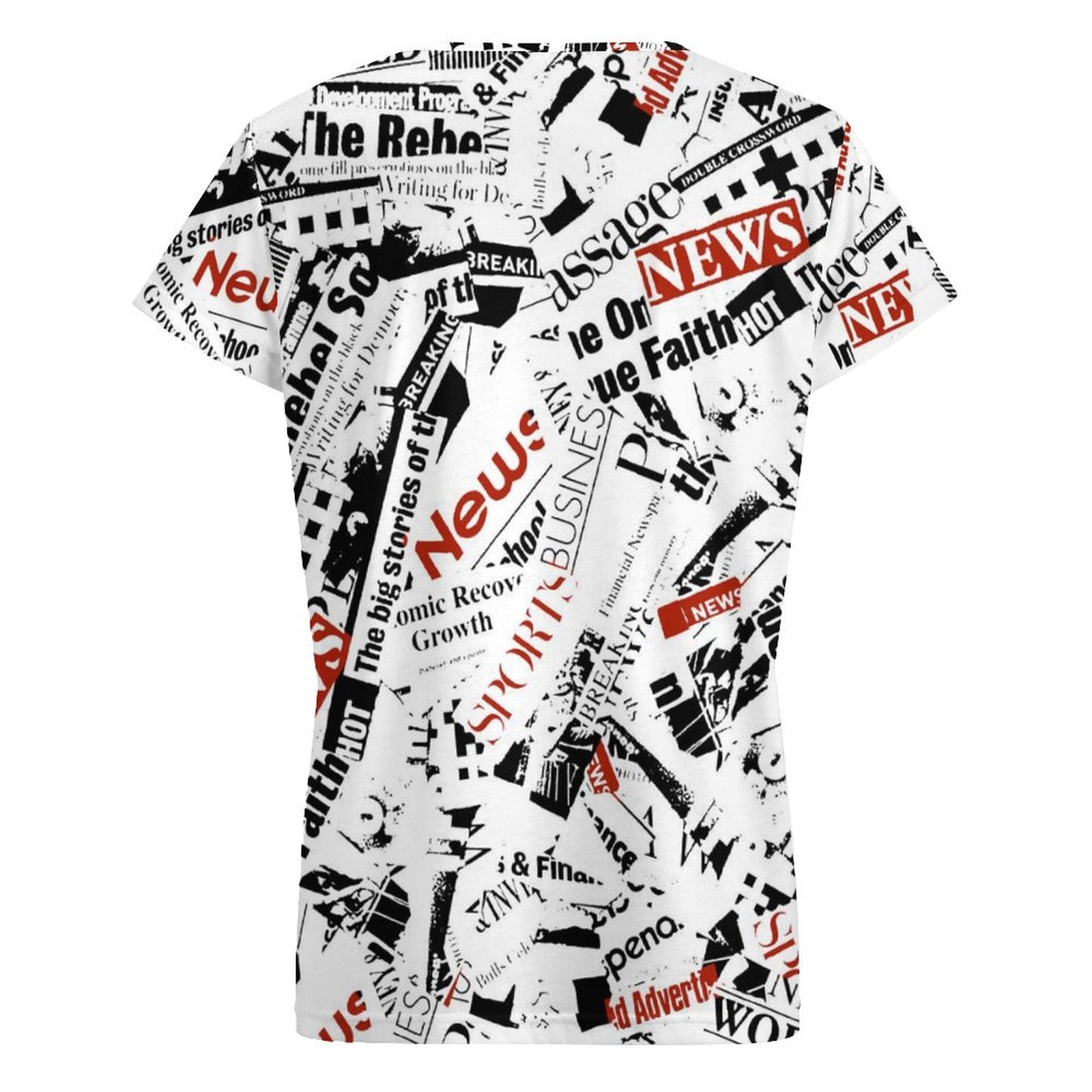 Women's Custom Graphic T-Shirt back view, featuring all-over newspaper design.