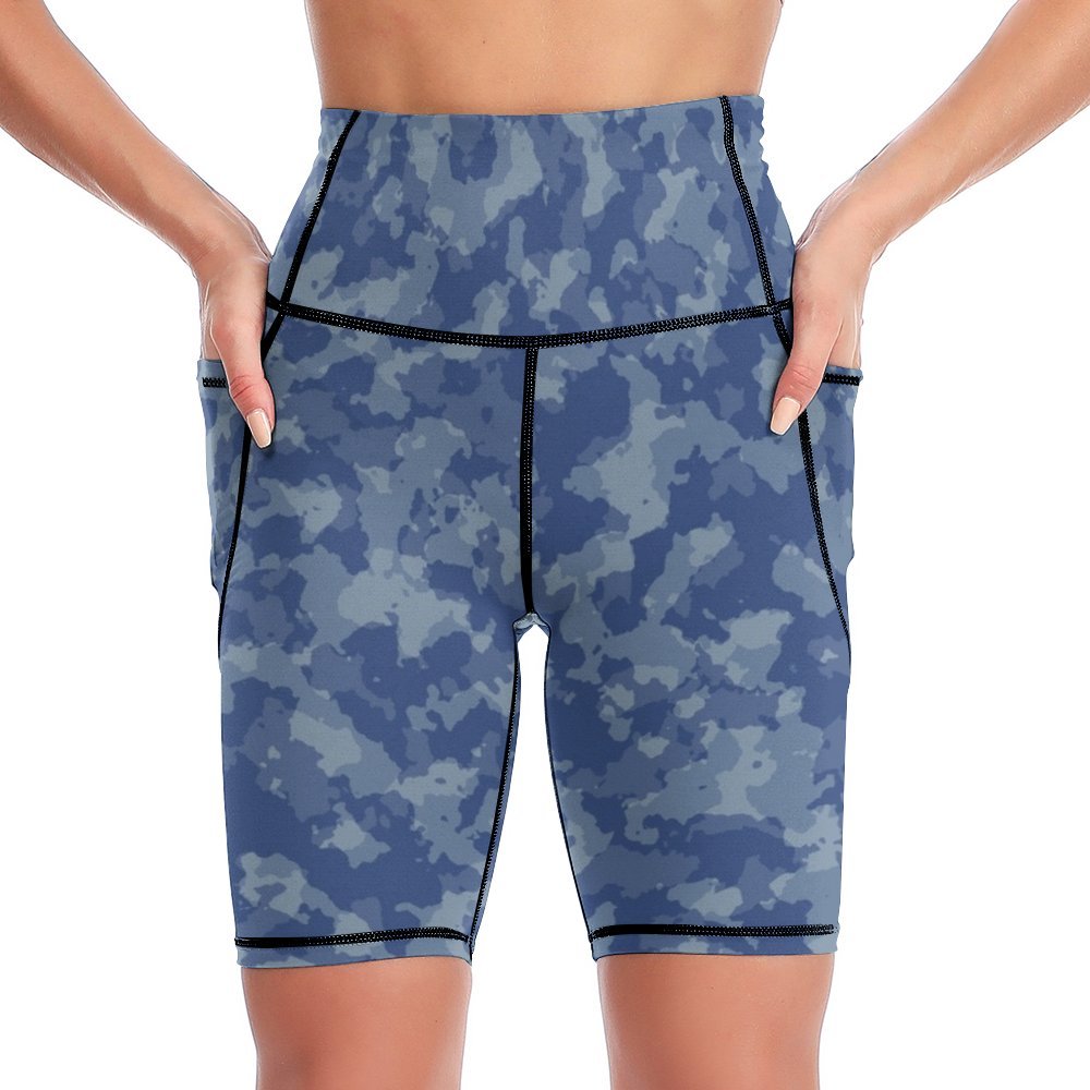 Women's high waisted custom print yoga shorts with pockets, tummy control, front view.