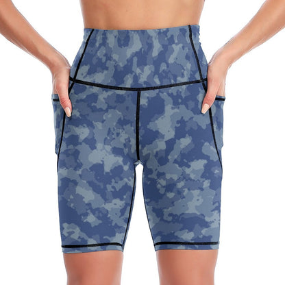 Women's high waisted custom print yoga shorts with pockets, tummy control, front view.