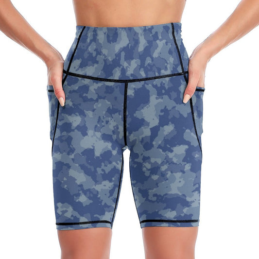 Women's high waisted custom print yoga shorts with pockets, tummy control, front view.