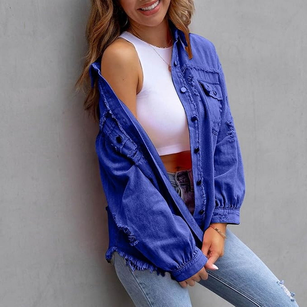 Women's hooded distressed denim jacket in relaxed casual style