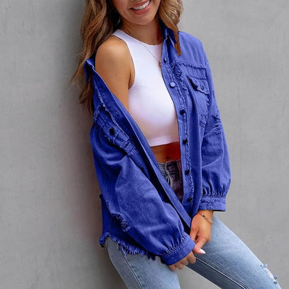 Women's hooded distressed denim jacket in relaxed casual style