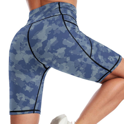 Athletic running workout shorts high waisted camo print back view for women.