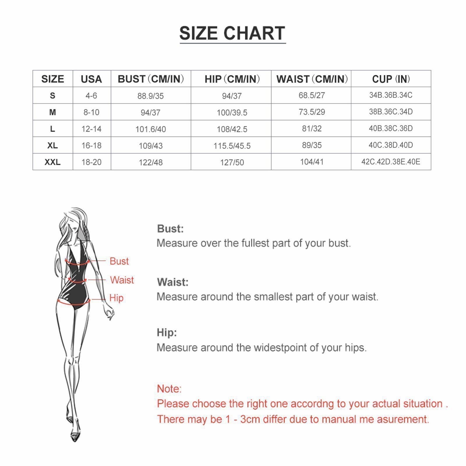 Detailed Size Chart and measurements for Personalized Bikini Set, ensuring the perfect fit for women.