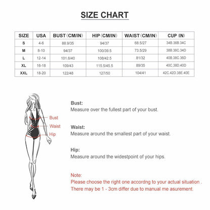 Detailed Size Chart and measurements for Personalized Bikini Set, ensuring the perfect fit for women.
