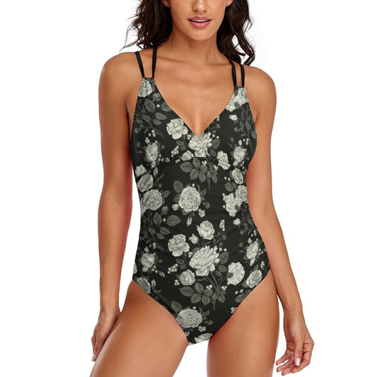 Women's Tummy Control One Piece Swimsuit, Deep V Neck, Black Floral Print.