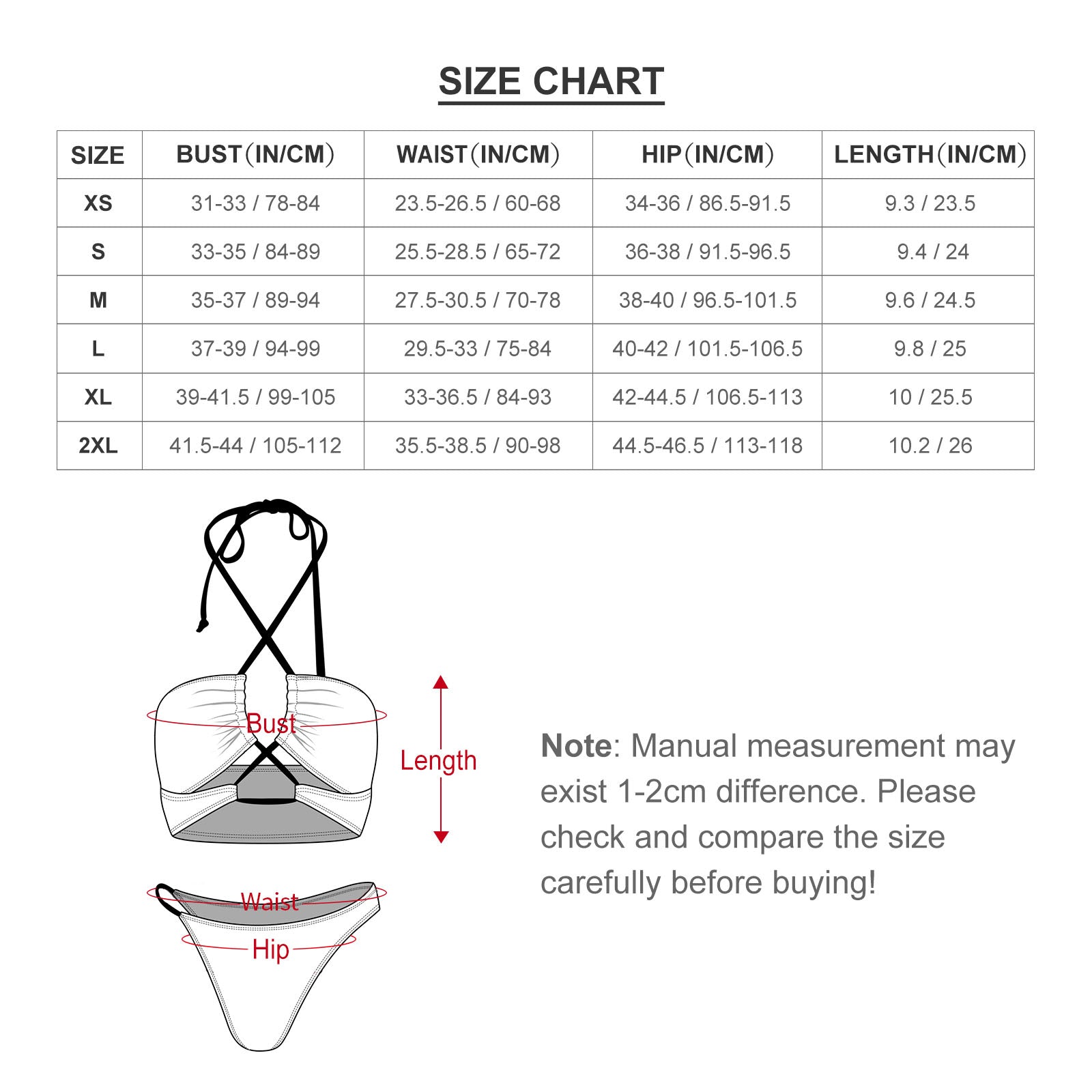 Size Chart for Women's Two Piece Swimsuit. Includes Bust, Waist, and Hip measurements.