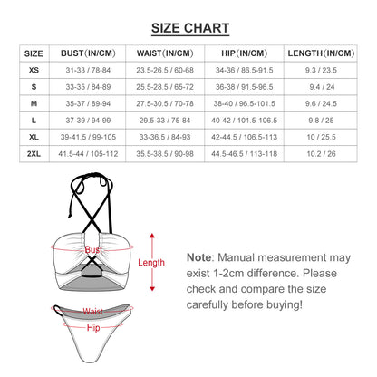 Size Chart for Women's Two Piece Swimsuit. Includes Bust, Waist, and Hip measurements.