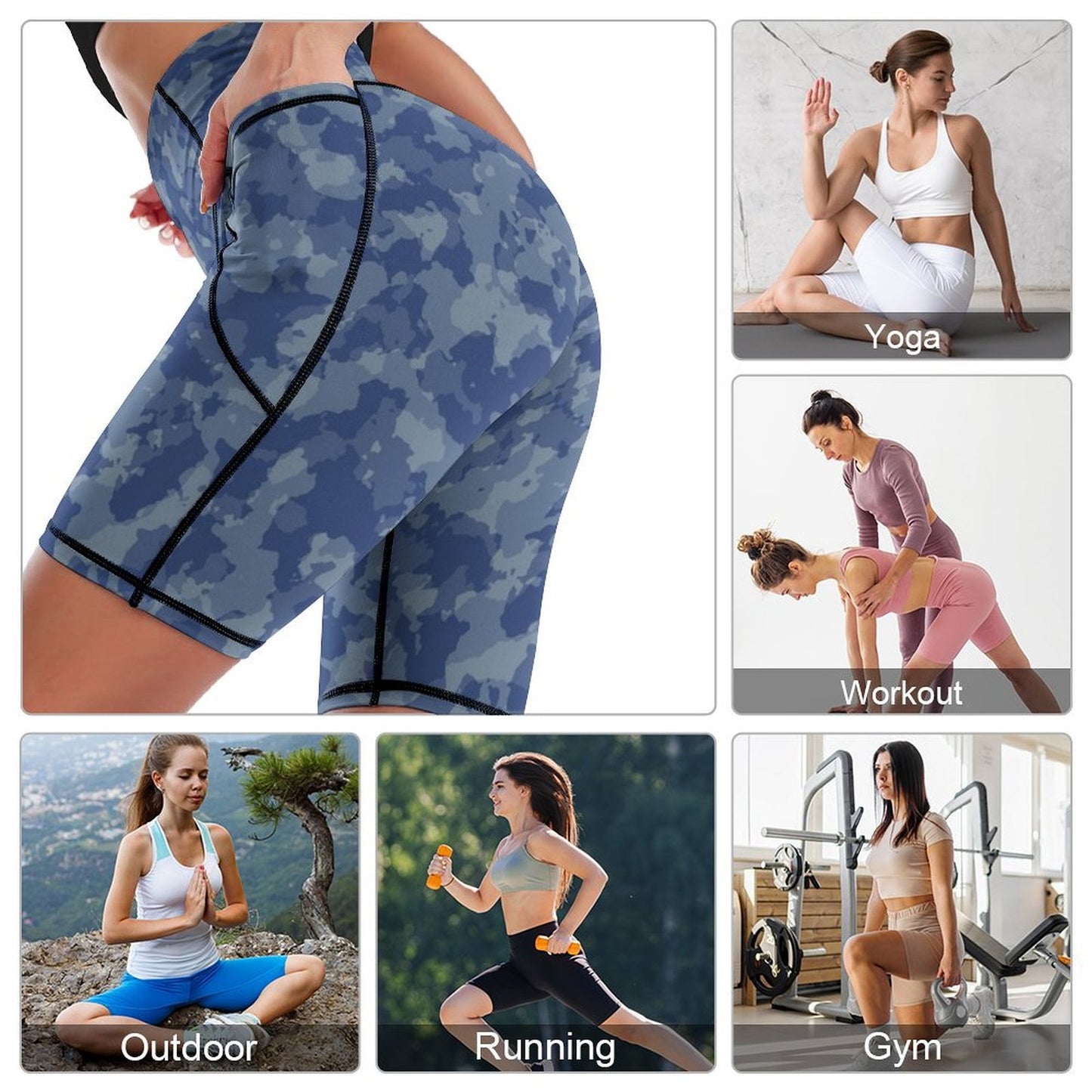 Custom print workout shorts for women, high waisted, shown in yoga, running, gym.