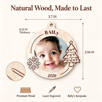Personalized Baby Photo Wooden Christmas Ornament with Name and Year - Christmas tree or lifestyle scene