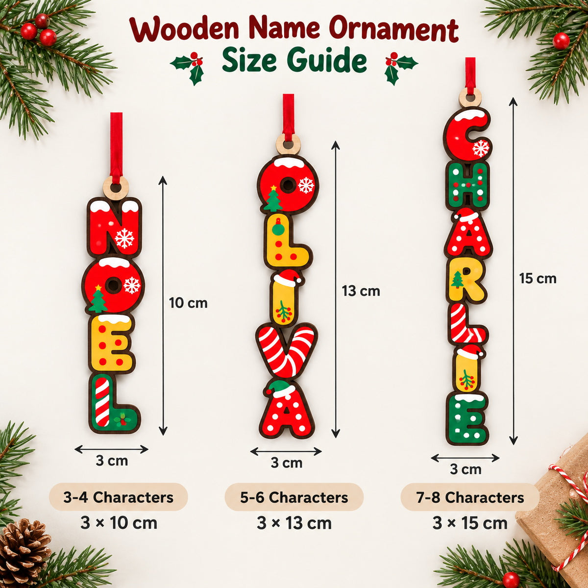 Wooden Christmas ornament size guide by name length