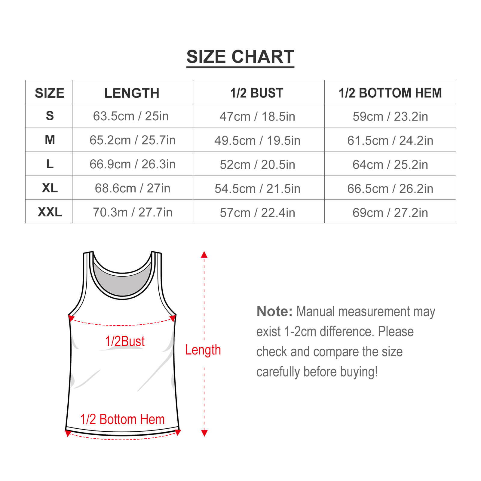 Size Chart for Workout Tank. Guide for Length, Bust, and Bottom Hem for a perfect athletic fit.