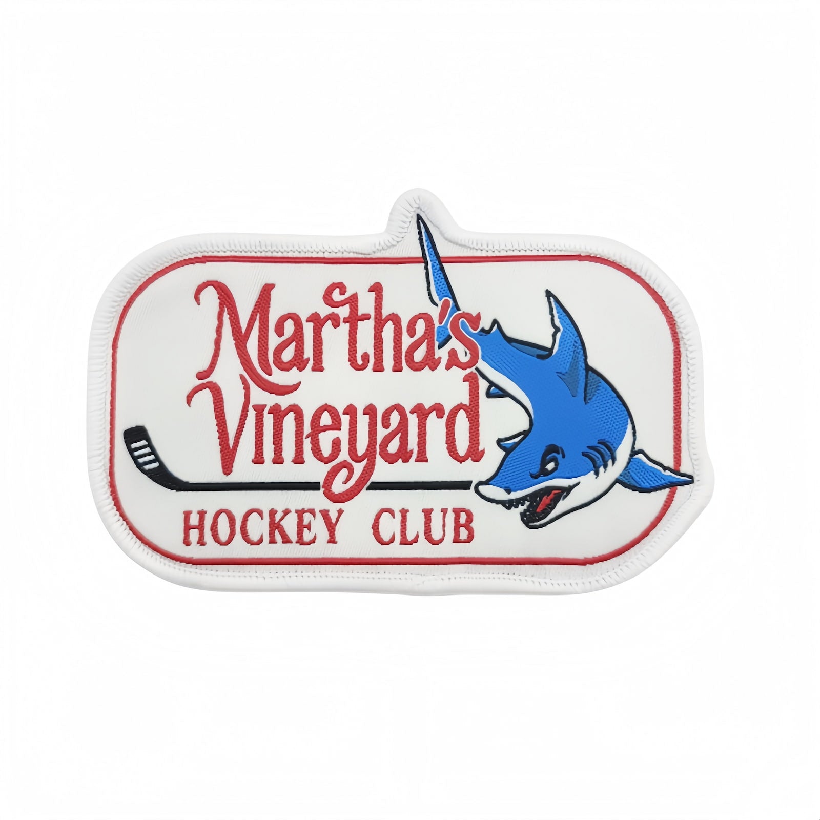 Woven Patches for Clothing – Martha's Vineyard Hockey Club logo with shark design.