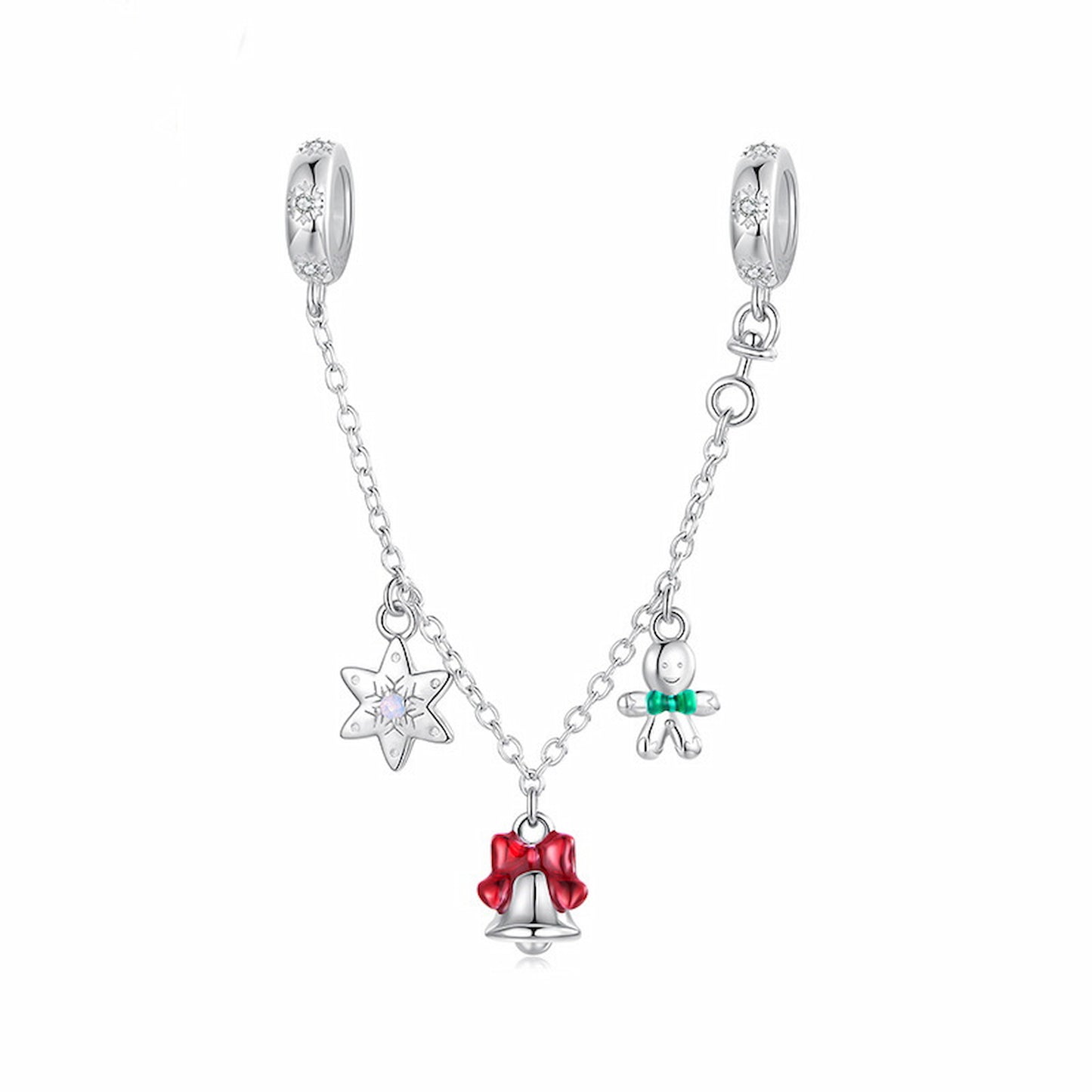 Christmas Safety Chain with Star, Gingerbread Man Charms, Sterling Silver.