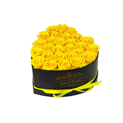 Yellow Preserved Roses Heart Box, Personalized Jaspm & Camille Date Gift