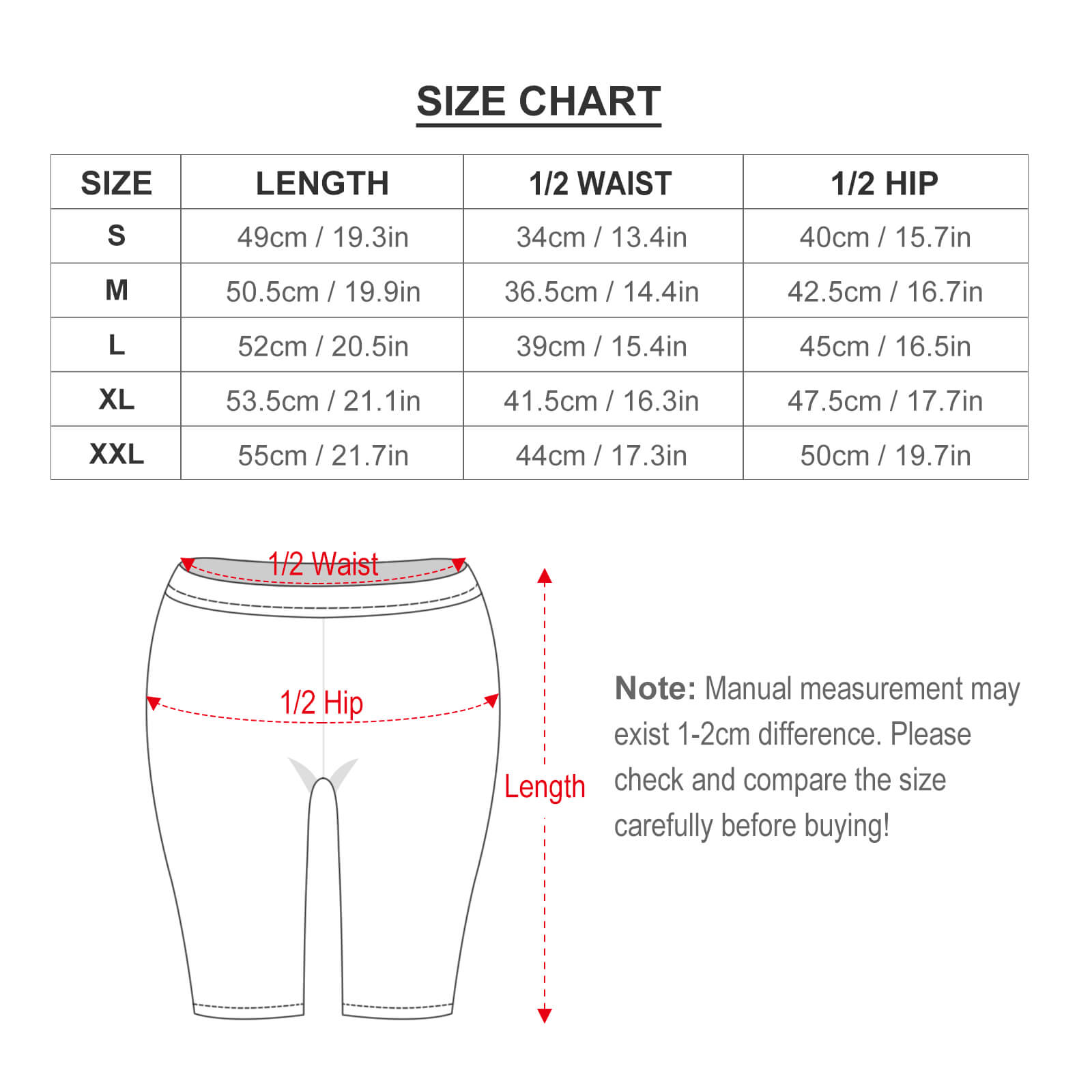 Size chart for women's high waisted athletic running workout yoga legging shorts.