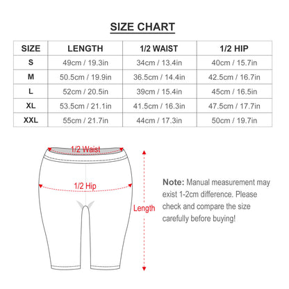Size chart for women's high waisted athletic running workout yoga legging shorts.