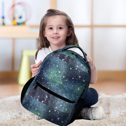 Young girl sitting with Personalized Star School Bag, showing real-life size.